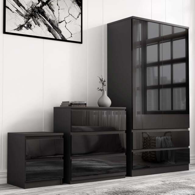 High Gloss 3 Piece Bedroom Set- 2 Door Wardrobe With Drawers - Black