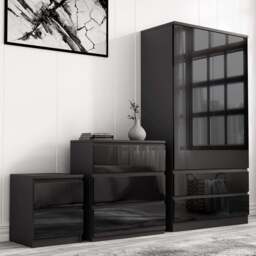 High Gloss 3 Piece Bedroom Set- 2 Door Wardrobe With Drawers - Black