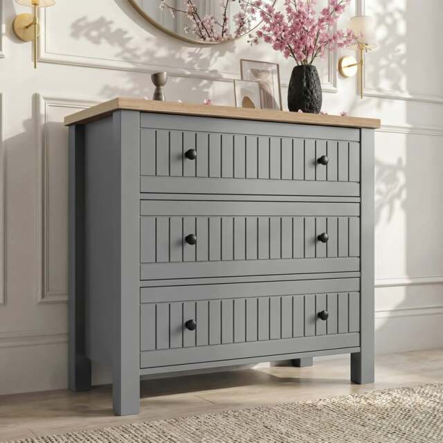 Linra Grey Painted 3 Drawer Chest of Drawers with Oak Top - image 1