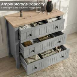 Linra Grey Painted 3 Drawer Chest of Drawers with Oak Top - thumbnail 3