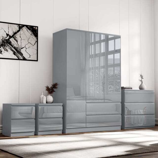 High Gloss 4 Piece Bedroom Set - Wardrobe & Chest of Drawers - Grey