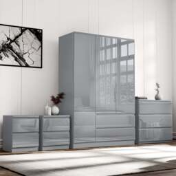High Gloss 4 Piece Bedroom Set - Wardrobe & Chest of Drawers - Grey