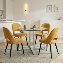 Kyvon Glass Round Dining Table Set with 4 Chairs - Mustard