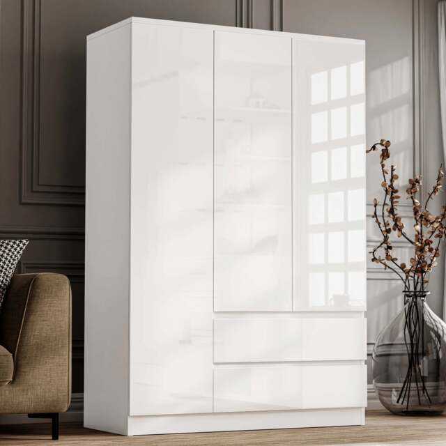 High Gloss 3 Door Wardrobe With Drawers And Shelves - White