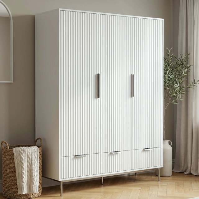 Fluted 3 Door Wardrobe With Drawers and Shelves Painted Finish - image 1