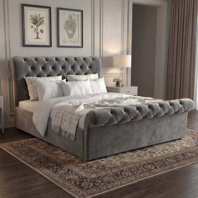 Chesterfield Velvet Ottoman Storage Bed King Grey - image 1