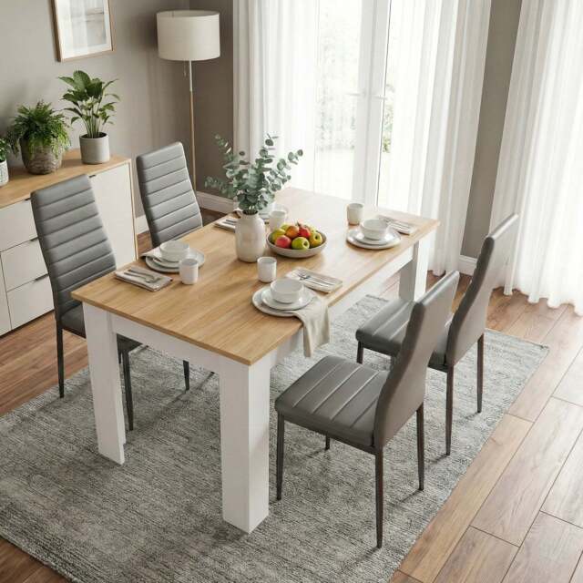 White & Pine 4-6 Seater Dining Table and Chairs Set - 4 Seater / Grey