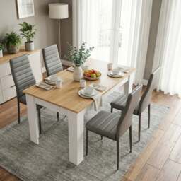 White & Pine 4-6 Seater Dining Table and Chairs Set - 4 Seater / Grey