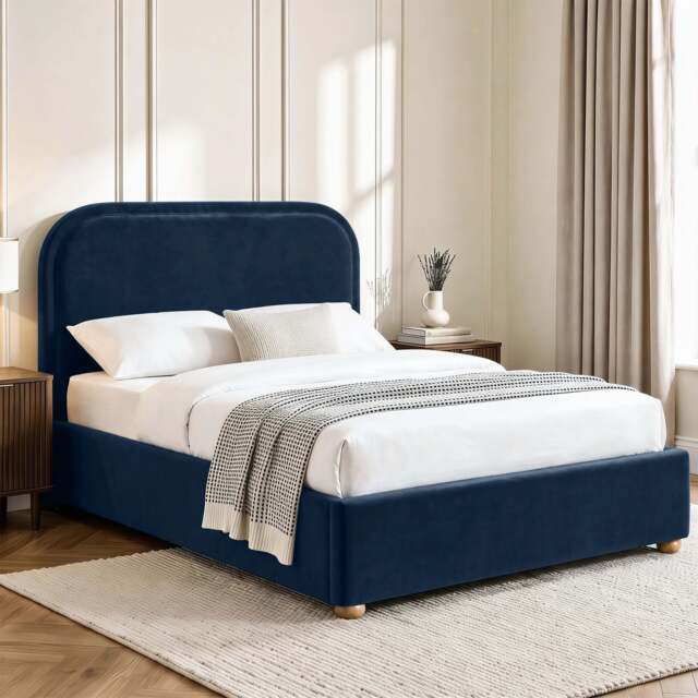 Curved Plush Velvet Ottoman Storage Bed Frame - Double / Blue