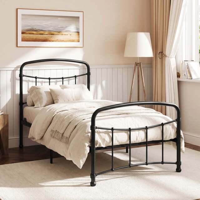 Metal Bed Frame with Curved Headboard, Single, Double and King - Single / Black