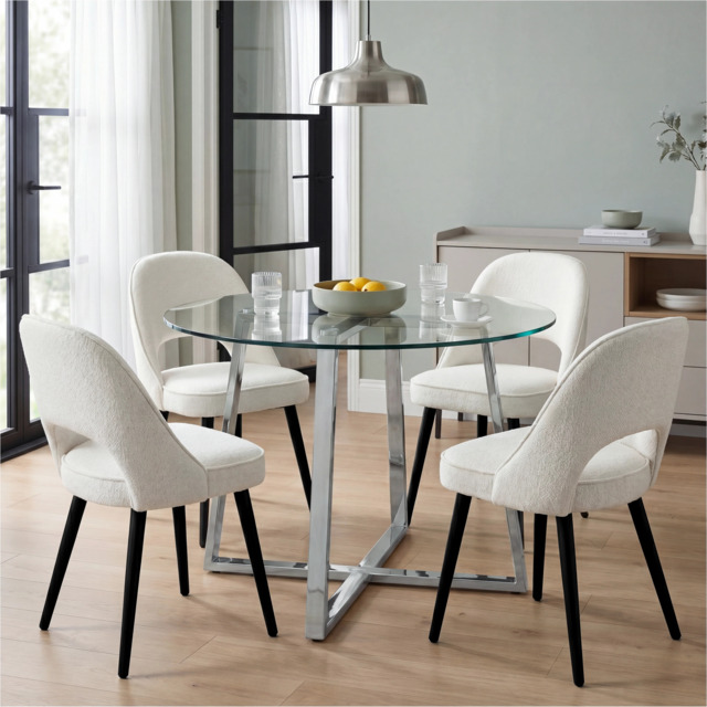 Kyvon Glass Round Dining Table Set with 4 Chairs - Cream