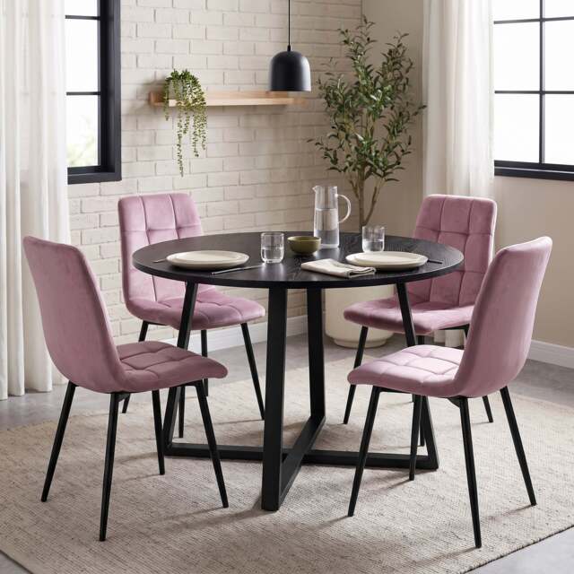 Kyvon Round Dining Table Set with 4 Chairs - Black Wood Effect - Pink