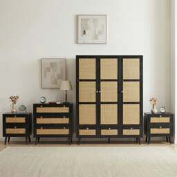Wovena Rattan 4 Piece Bedroom Furniture Set - Pine Legs - Black