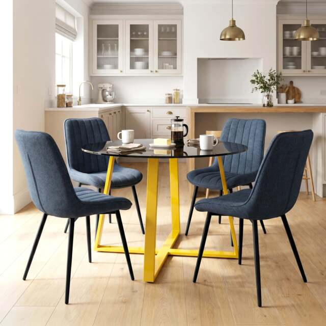 Kyvon Tinted Glass Round Dining Table Set with 4 Vertical Chairs - Blue