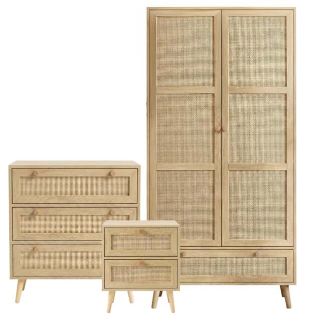 Wovena Rattan 3 Piece Bedroom Furniture Set - Oak Effect