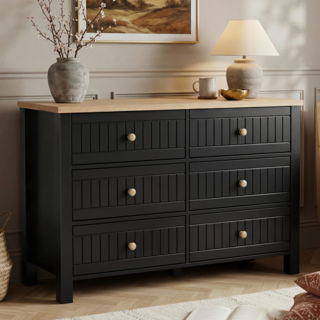 Linra Black Painted Large 6 Chest of Drawers - Bedroom Dresser - image 1