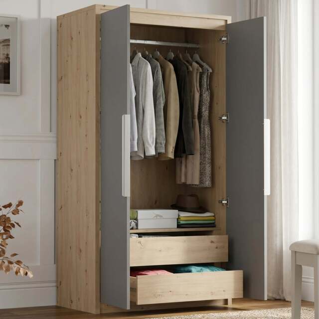 Skova 2 Door Double Wardrobe with Internal Drawers & Rail - Oak+Grey
