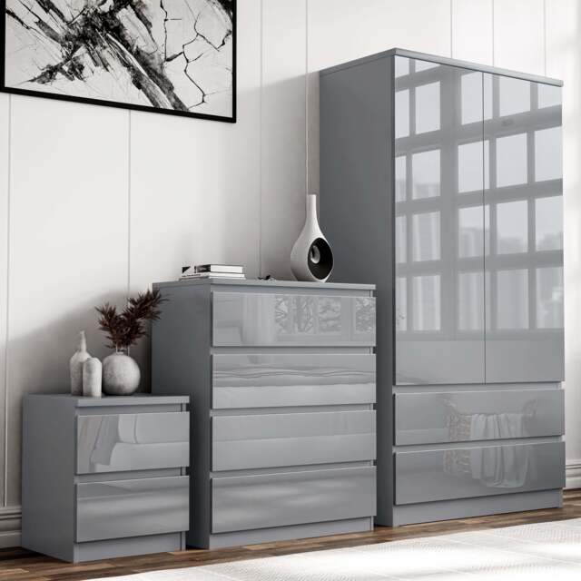 High Gloss 3 Piece Wardrobe Set With Chest of Drawers - Grey