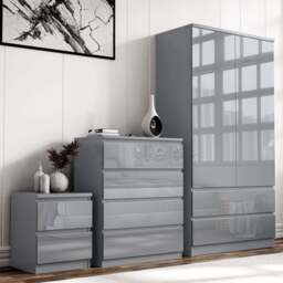 High Gloss 3 Piece Wardrobe Set With Chest of Drawers - Grey