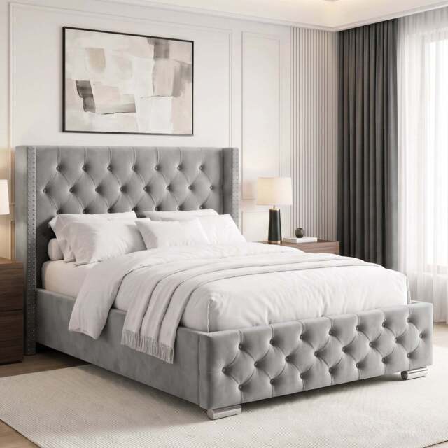 Cross Pattern Velvet Ottoman Storage Bed - Winged Bed Frame - Double (4ft6) / Light Grey