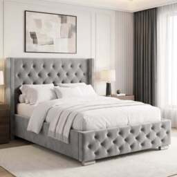 Cross Pattern Velvet Ottoman Storage Bed - Winged Bed Frame - Double (4ft6) / Light Grey