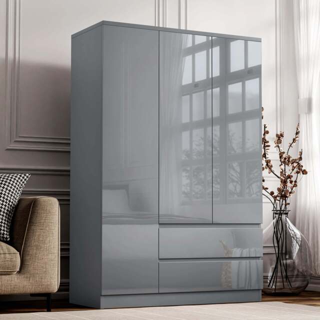 High Gloss 3 Door Wardrobe With Drawers And Shelves - image 1