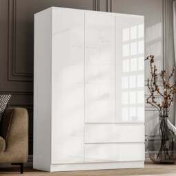 High Gloss 3 Door Wardrobe With Drawers And Shelves