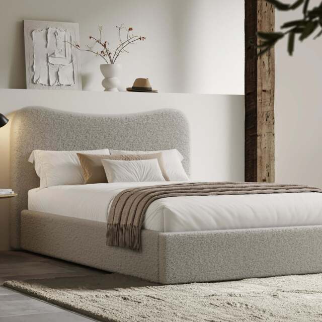 Curved Headboard Ottoman Storage Bed - Boucle Ottoman Bed Frame - King (5ft) / Grey