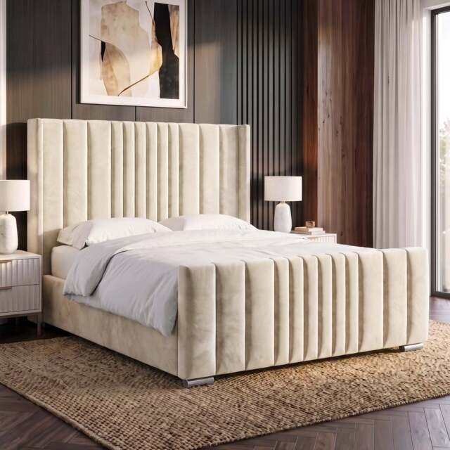 Winged Ottoman Bed Frame with Lines - Ottoman Storage Bed - Double (4ft6) / Beige