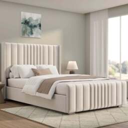 Winged Ottoman Bed Frame with Lines - Ottoman Storage Bed - Double (4ft6) / Beige