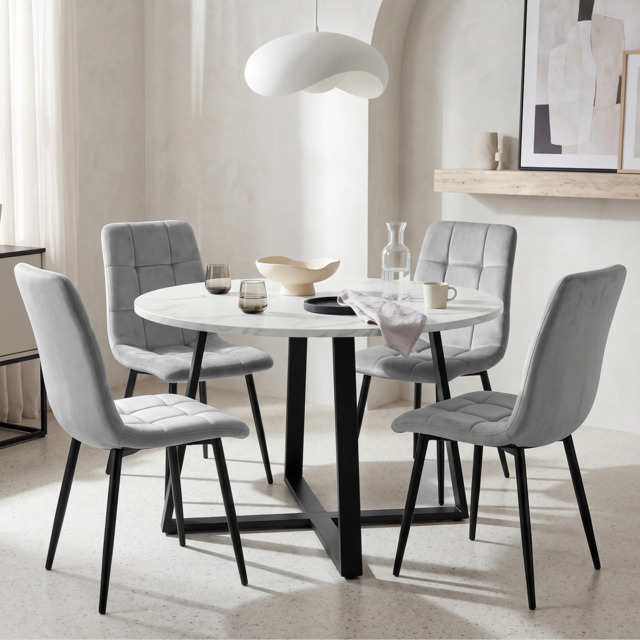 Kyvon Round Dining Table Set with 4 Chairs - White Marble Effect - image 1