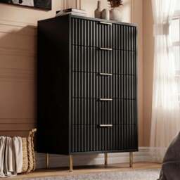 Tall 5 Drawer Chest of Drawers Fluted Design Painted Finish - Black