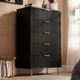 Tall 5 Drawer Chest of Drawers Fluted Design Painted Finish - Black