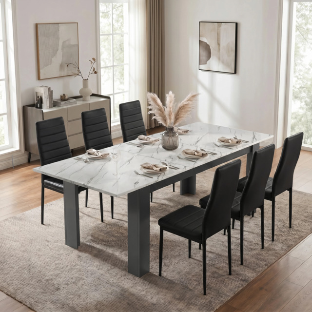 Milo Extendable Dining Table Set - White Marble Effect - 6 Seater / Black