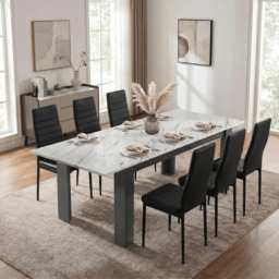 Milo Extendable Dining Table Set - White Marble Effect - 6 Seater / Black
