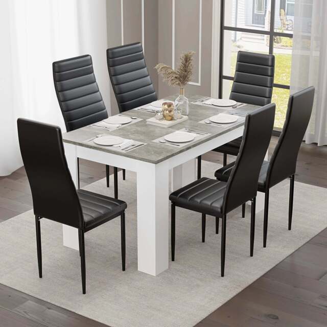 Grey Marble Finish 4-6 Seater Dining Table and Chairs Set - image 1
