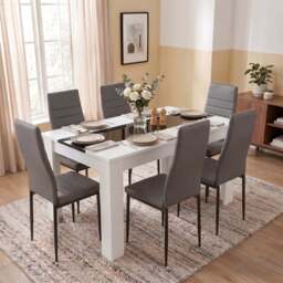 White & Black Gloss 4-6 Seater Dining Table and Chairs Set - 6 Seater / Grey
