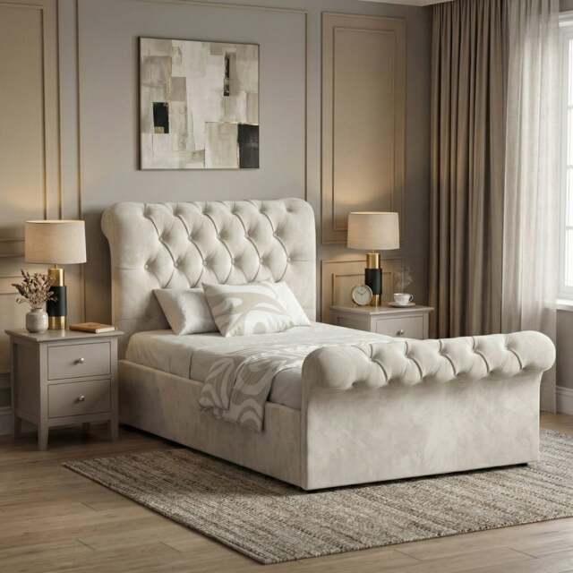 Chesterfield Velvet Ottoman Storage Bed Single Beige - image 1
