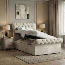 Chesterfield Velvet Ottoman Storage Bed Single Beige - thumbnail 2