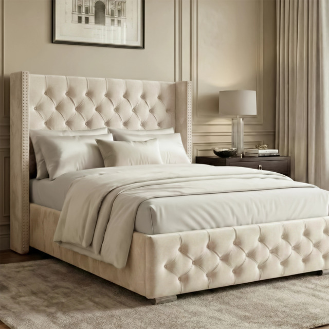 Cross Pattern Velvet Ottoman Storage Bed - Winged Bed Frame - Small Double (4ft) / Beige