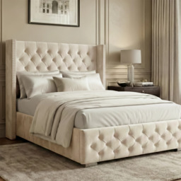 Cross Pattern Velvet Ottoman Storage Bed - Winged Bed Frame - Small Double (4ft) / Beige
