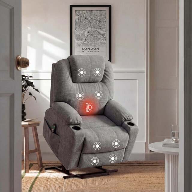 Grey Riser Recliner Chair With Cup Holder, Heat and Massage - image 1