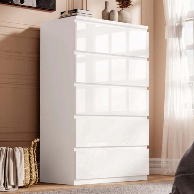 High Gloss Tall Chest of Drawers - 5 Drawer Chest Bedroom Drawers - White