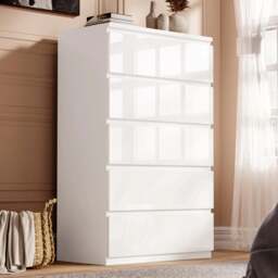 High Gloss Tall Chest of Drawers - 5 Drawer Chest Bedroom Drawers - White