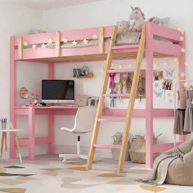 Bunk Bed With Desk - High Sleeper Loft Bed Frame For Kids - Pink + Pine