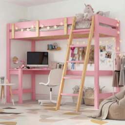 Bunk Bed With Desk - High Sleeper Loft Bed Frame For Kids - Pink + Pine