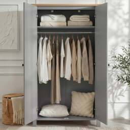 Haven Grey Painted 2 Door Wardrobe with Shelves – Oak Top - thumbnail 3