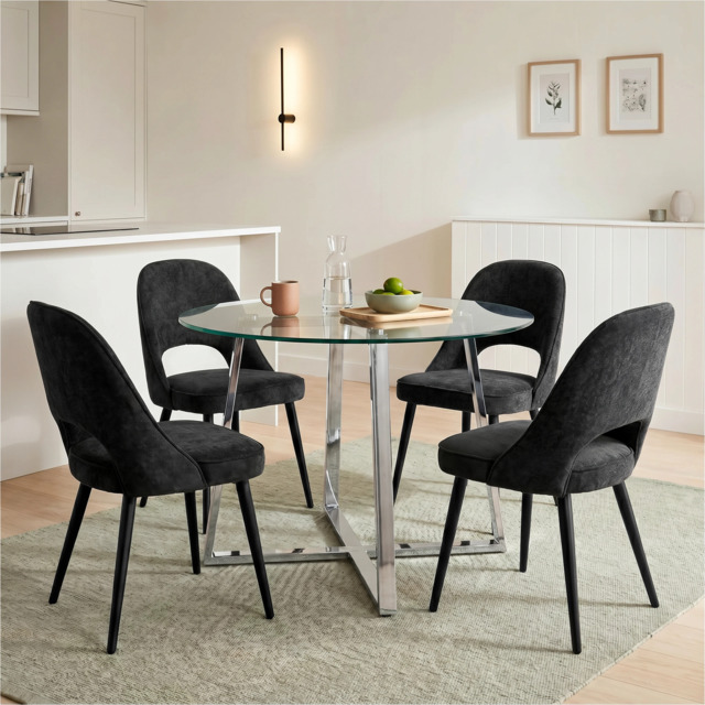 Kyvon Glass Round Dining Table Set with 4 Chairs - Black