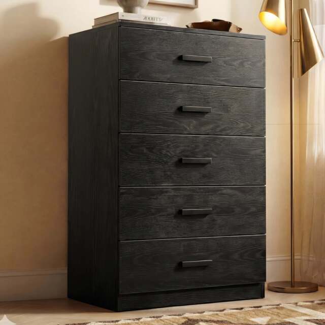 Tall 5 Drawer Chest of Drawers - Bedroom Storage - Black