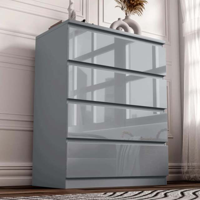 High Gloss 4 Drawer Chest of Drawers - Bedroom Drawers - Grey